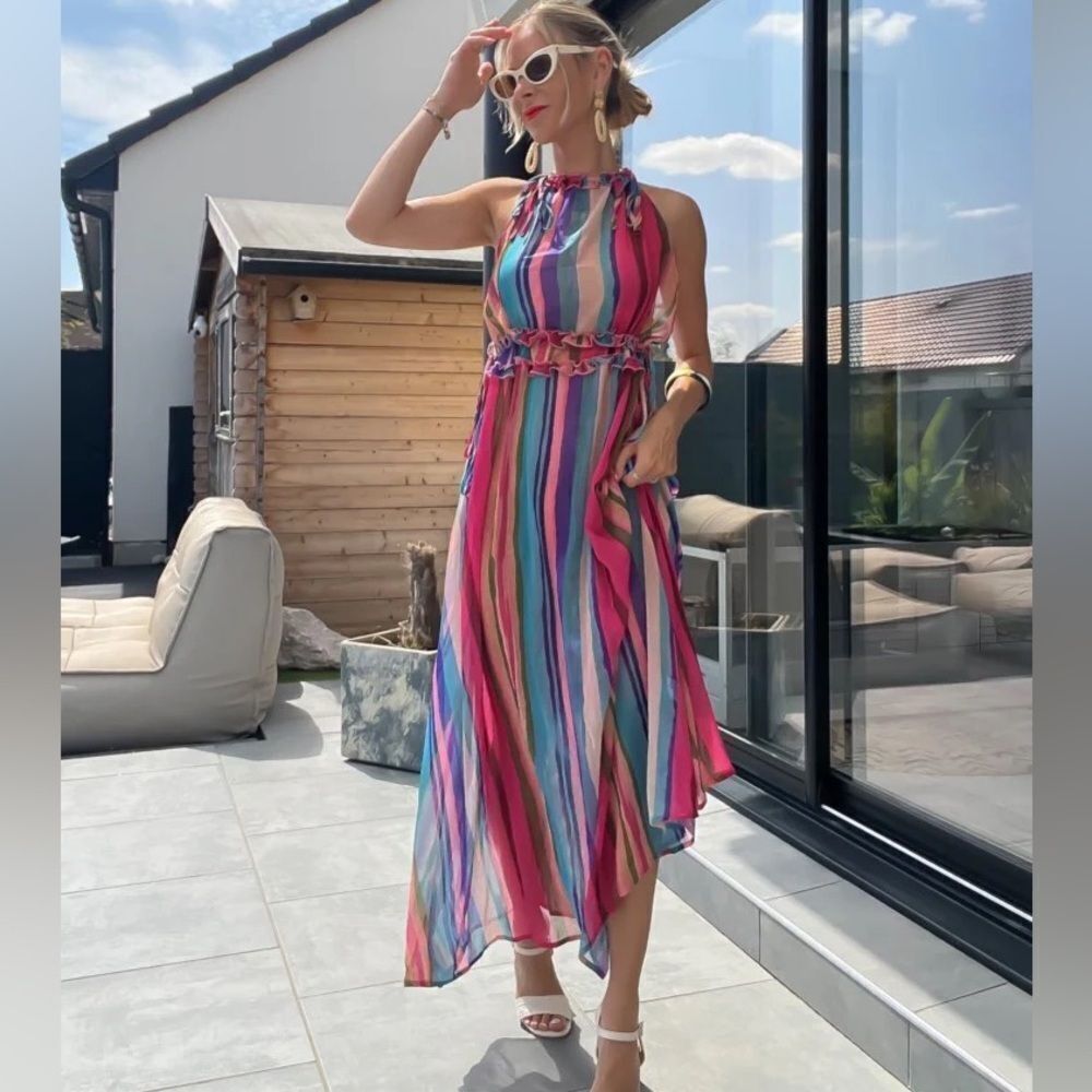 Mango blogger favorite multicolor flowy dress with tie straps
